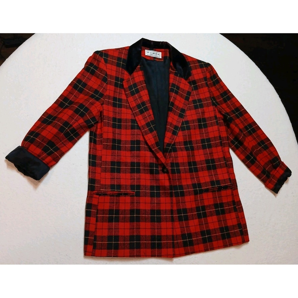 Vtg 80s 90s Dumas Red Black Plaid Blazer Jacket Velvet Collar Holiday Size L